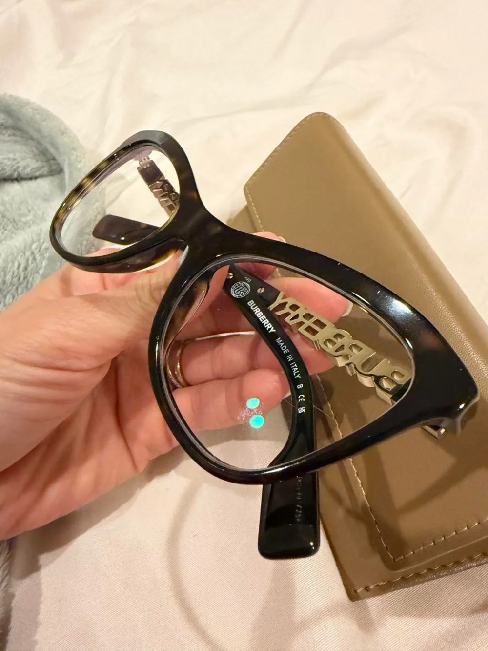 Burberry Tortoiseshell Cat-Eye Glasses with Gold Chain Temple